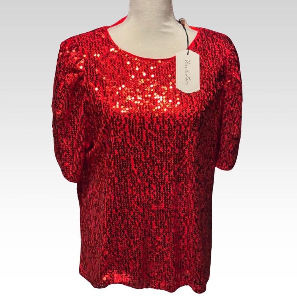 NWT Vine and Love True Red Sequin Puff Sleeve Top Blouse Size Large